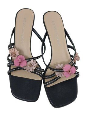 Apostrophe Black Sandals Sz 6M Pink Flowers Leather Upper Kitten Heel #2-6